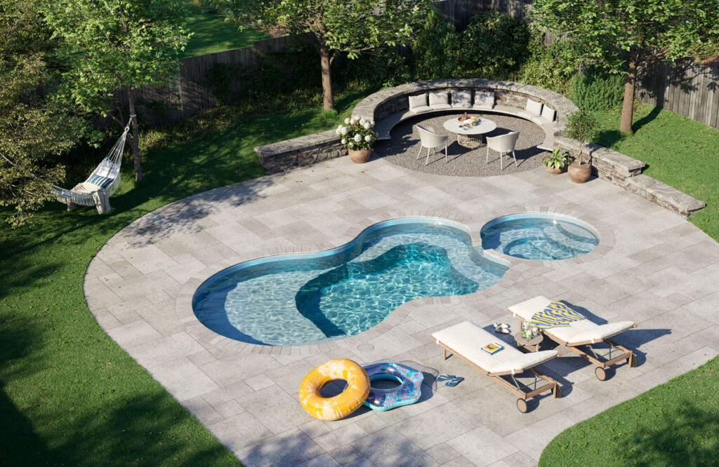 Latham pool in a backyard setting, with trees along the fence line. it has a pool and a spa, as well as deck chairs in the foreground.